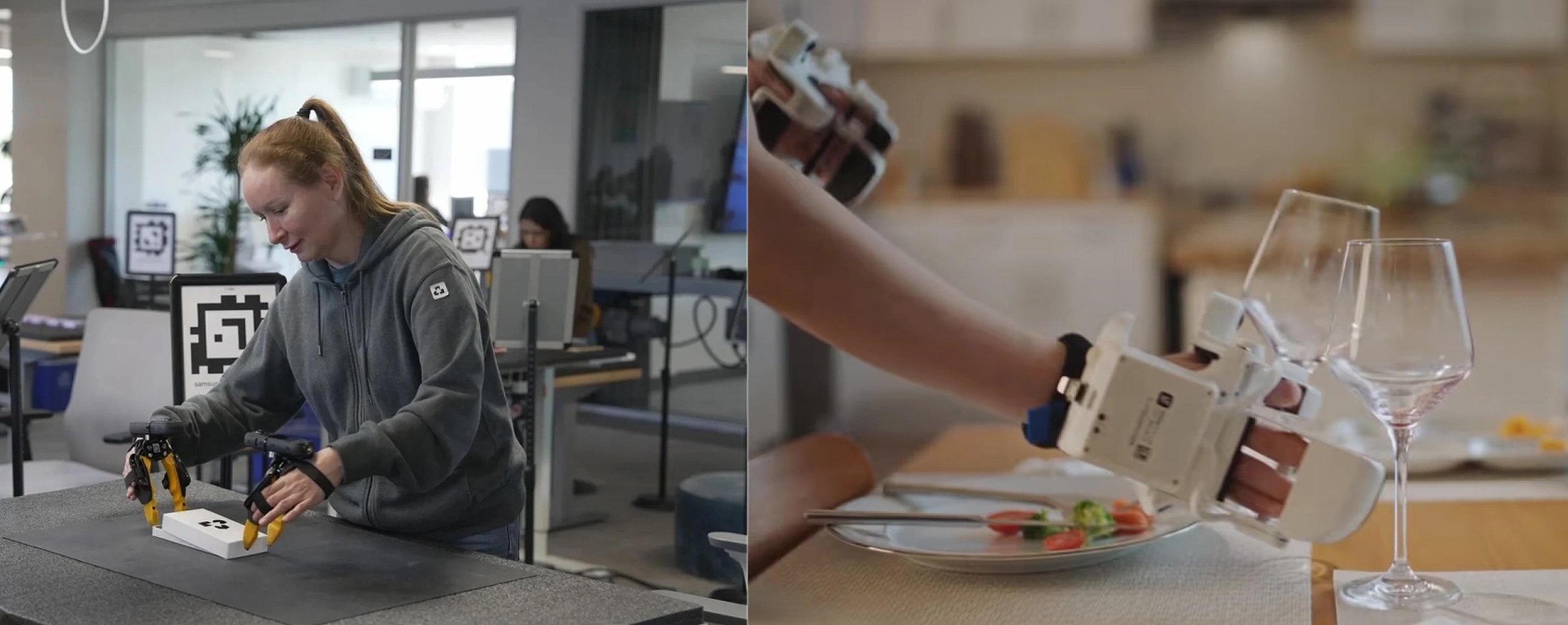 Two side-by-side photos of UMI-style hand-held data-collection devices: grippers from Generalist AI with visible AprilTags on the left, Skill Capture Glove from Sunday Robotics on the right.